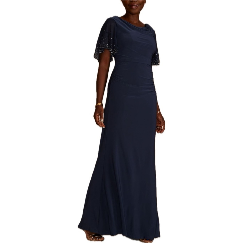 Oleg Cassini Long Cowl Neck Jersey Sheath Dress with Embellished Short Sleeve
